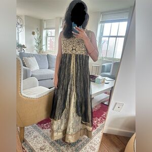 Gold and black anarkali, unstitched pants